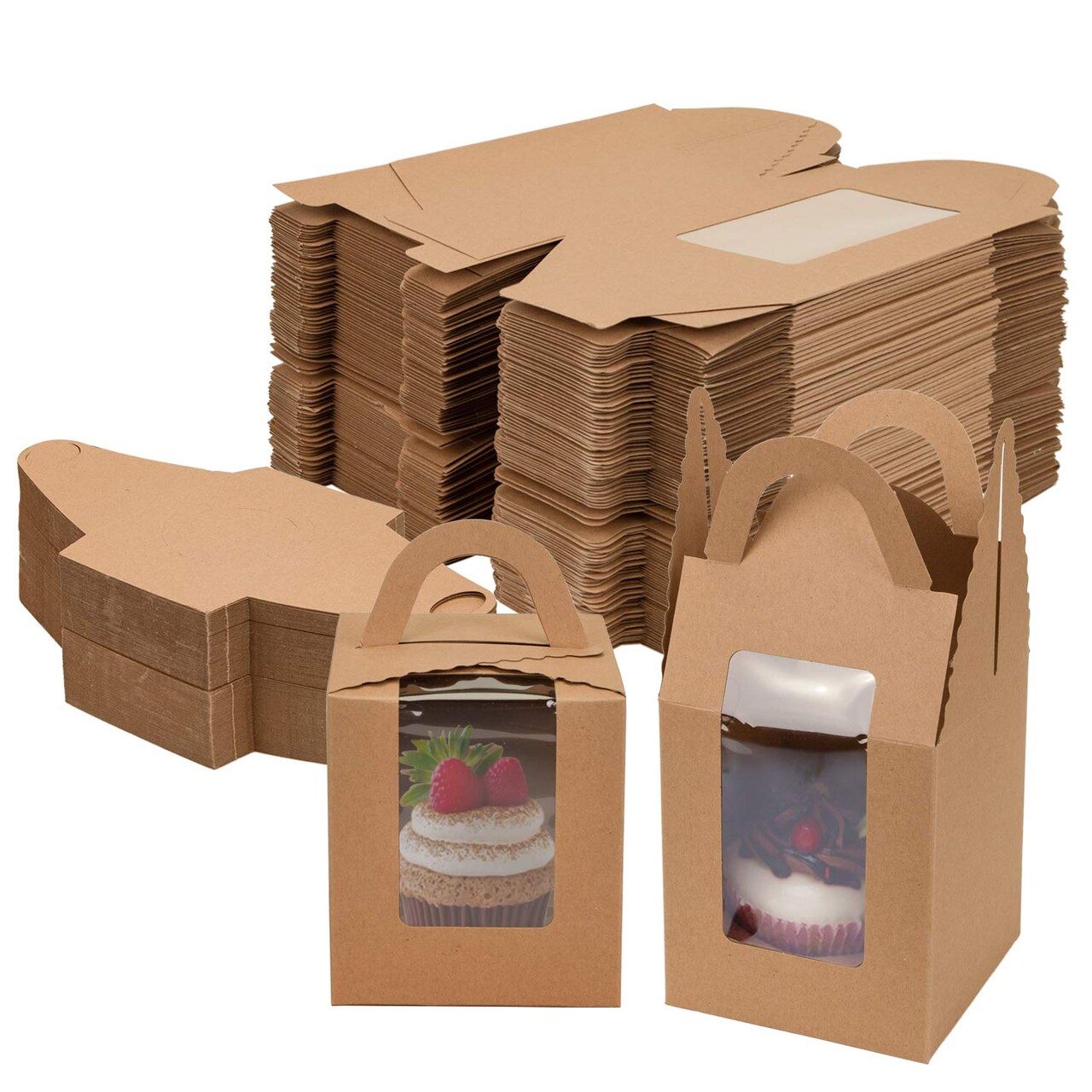 100 Pack Cupcake Box, Kraft Paper Individual Cupcake Container with Window and Handles, Bulk Single Cupcake Packaging Box for Muffin, Cocoa Bomb, Party Favor Pastry Treat Boxes